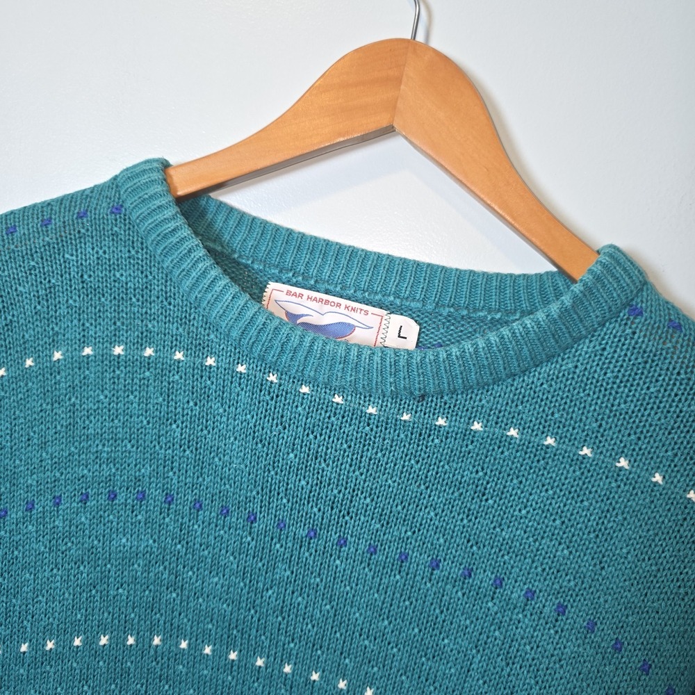 Vtg 80's 90's BAR HARBOR Knits Green/Blue‎ Pullover L Sweater Maine USA